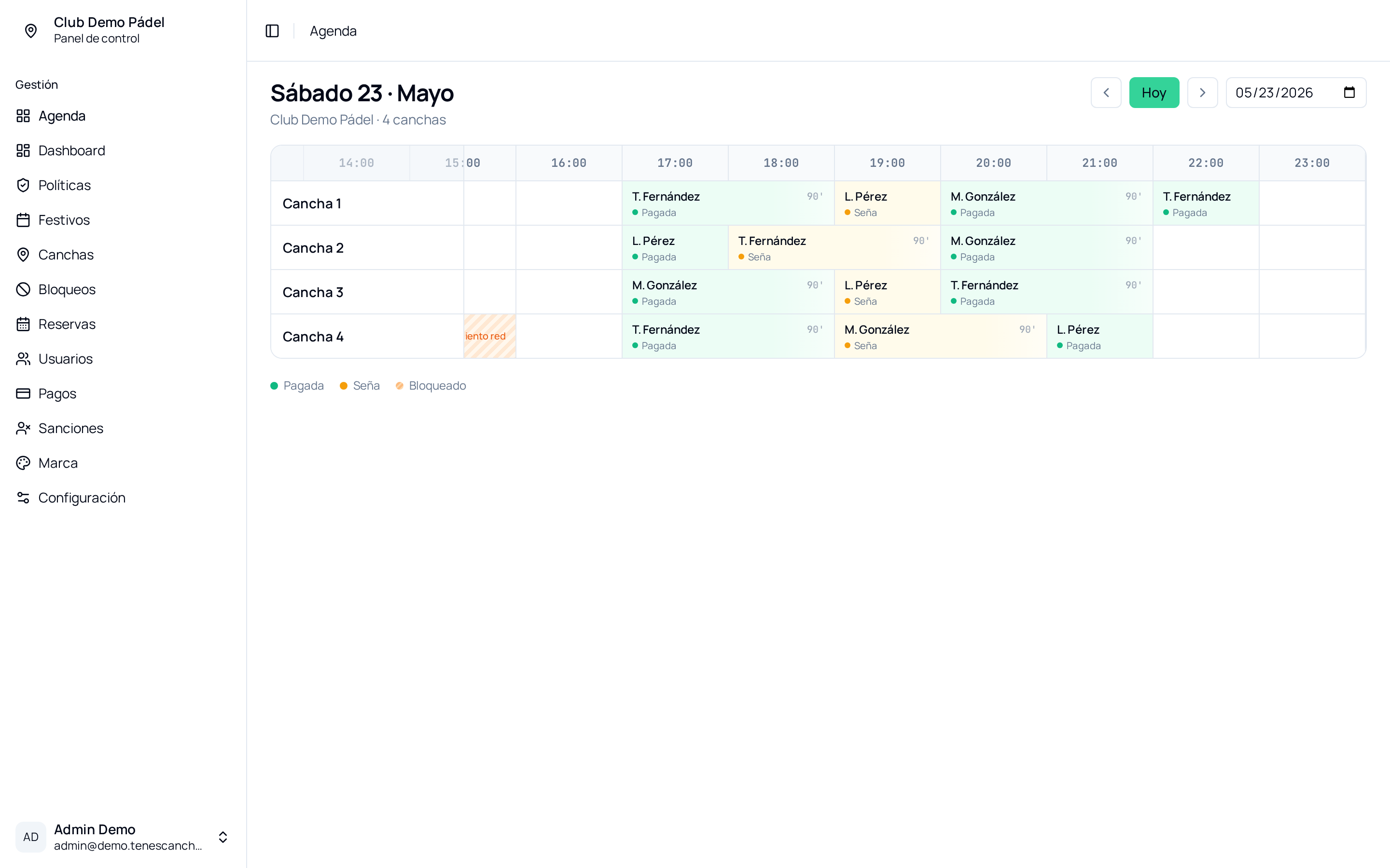 Agenda admin TenesCancha: grilla de 4 canchas × horarios pico con reservas pagadas y con seña